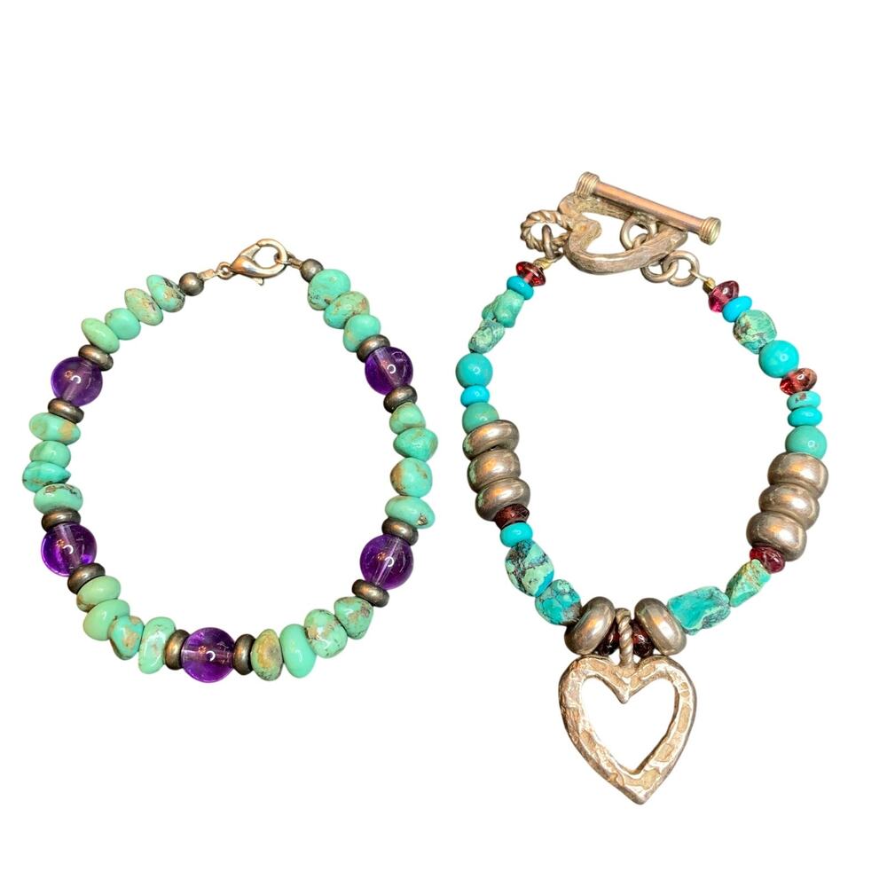 Turquoise Amethyst Heart Bracelet Stack Artisan Gemstone Set